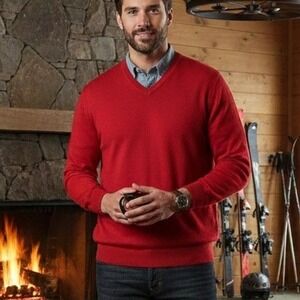 Foxcroft Large $98 Cotton Cashmere Red V-Neck Long Sleeve Pullover Sweater